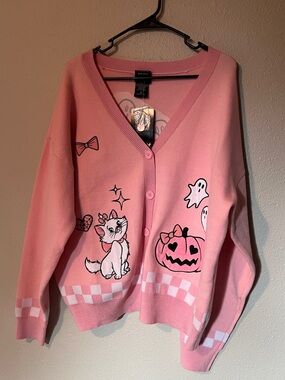Cute Pink Graphic V-Neck Cardigan Sweater with Halloween Motifs